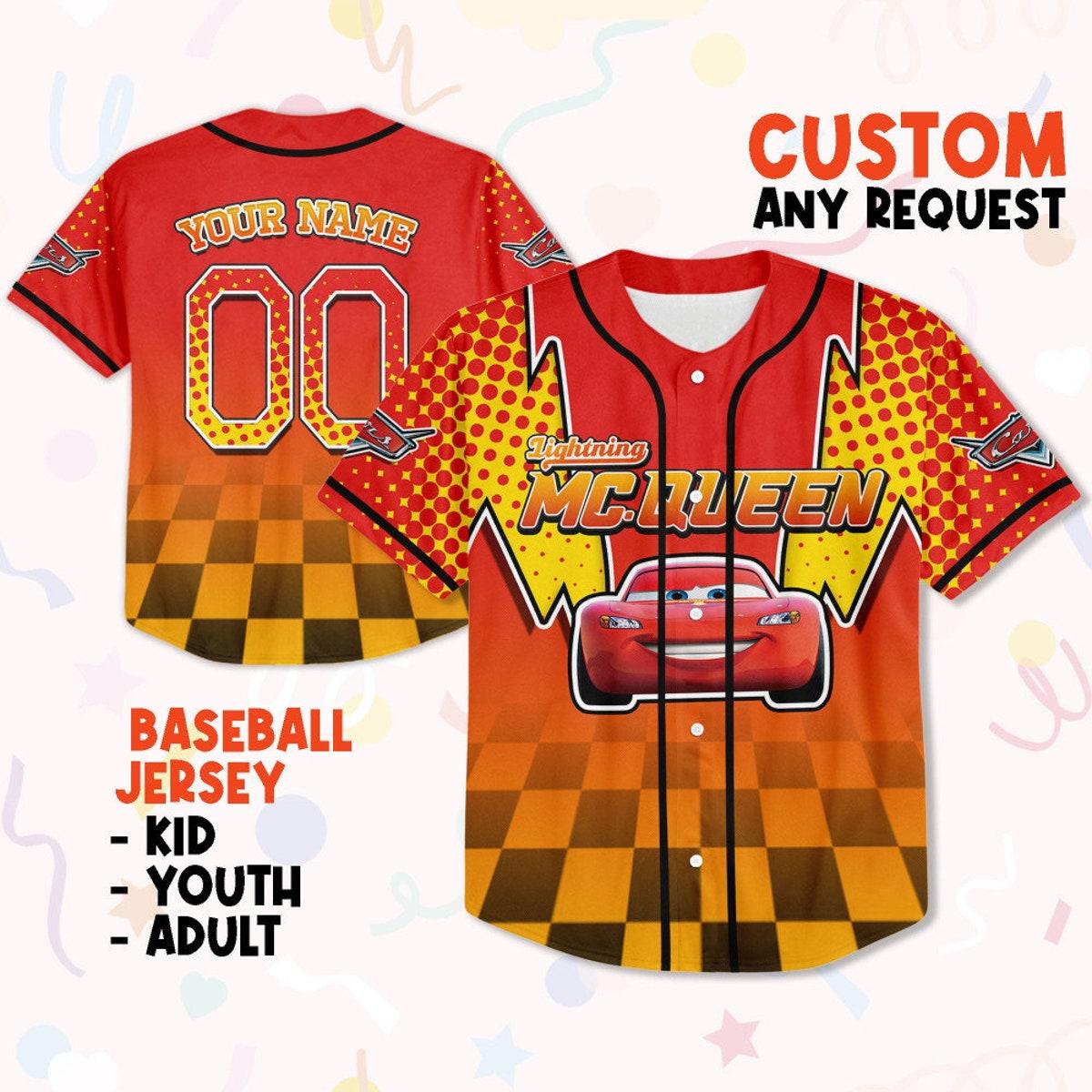 Custom Cars Lightning Mcqueen Red Double Bolt Binding Baseball Jersey 1