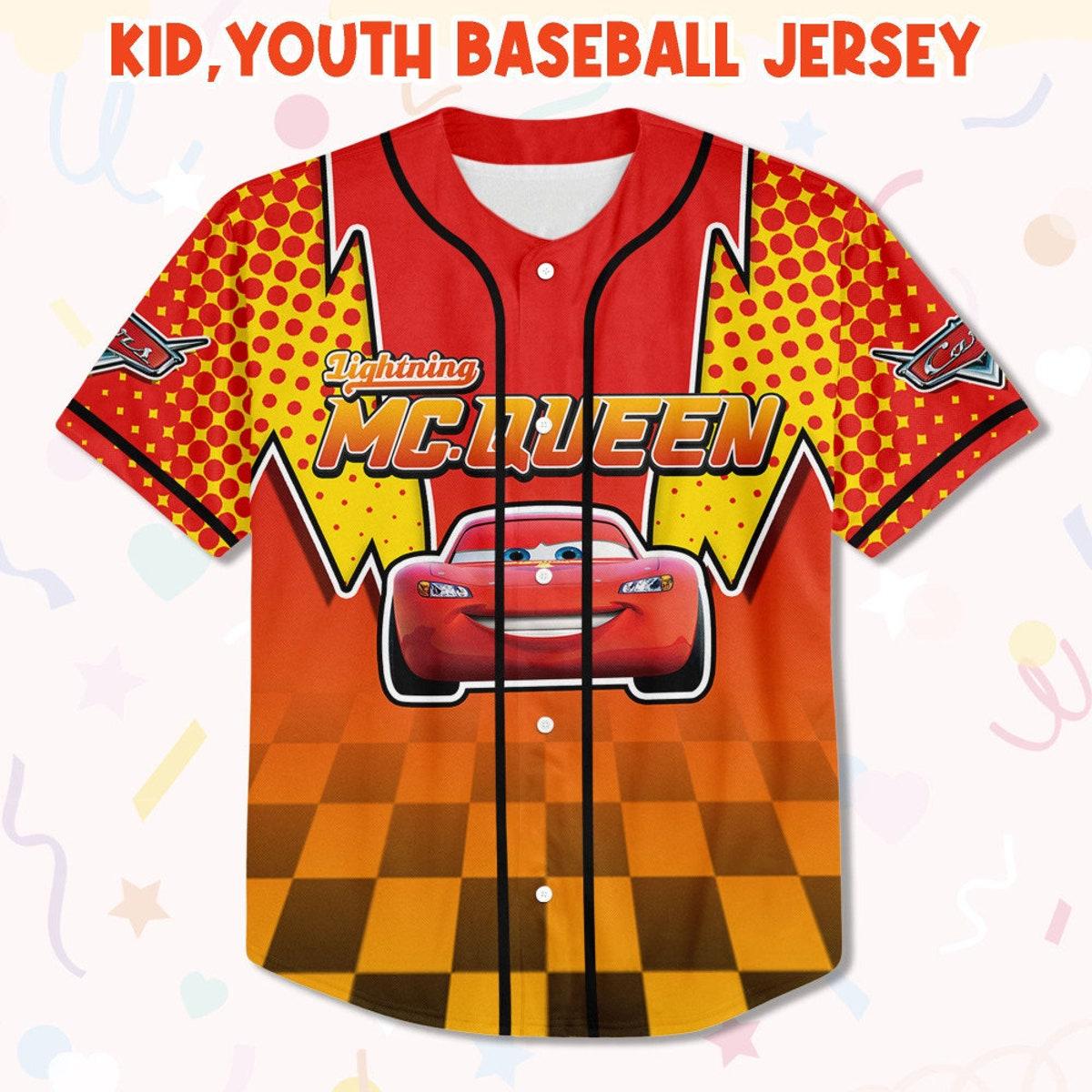 Custom Cars Lightning Mcqueen Red Double Bolt Binding Baseball Jersey 2