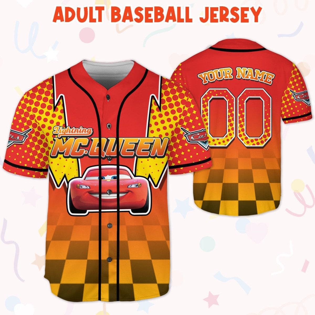 Custom Cars Lightning Mcqueen Red Double Bolt Binding Baseball Jersey 5