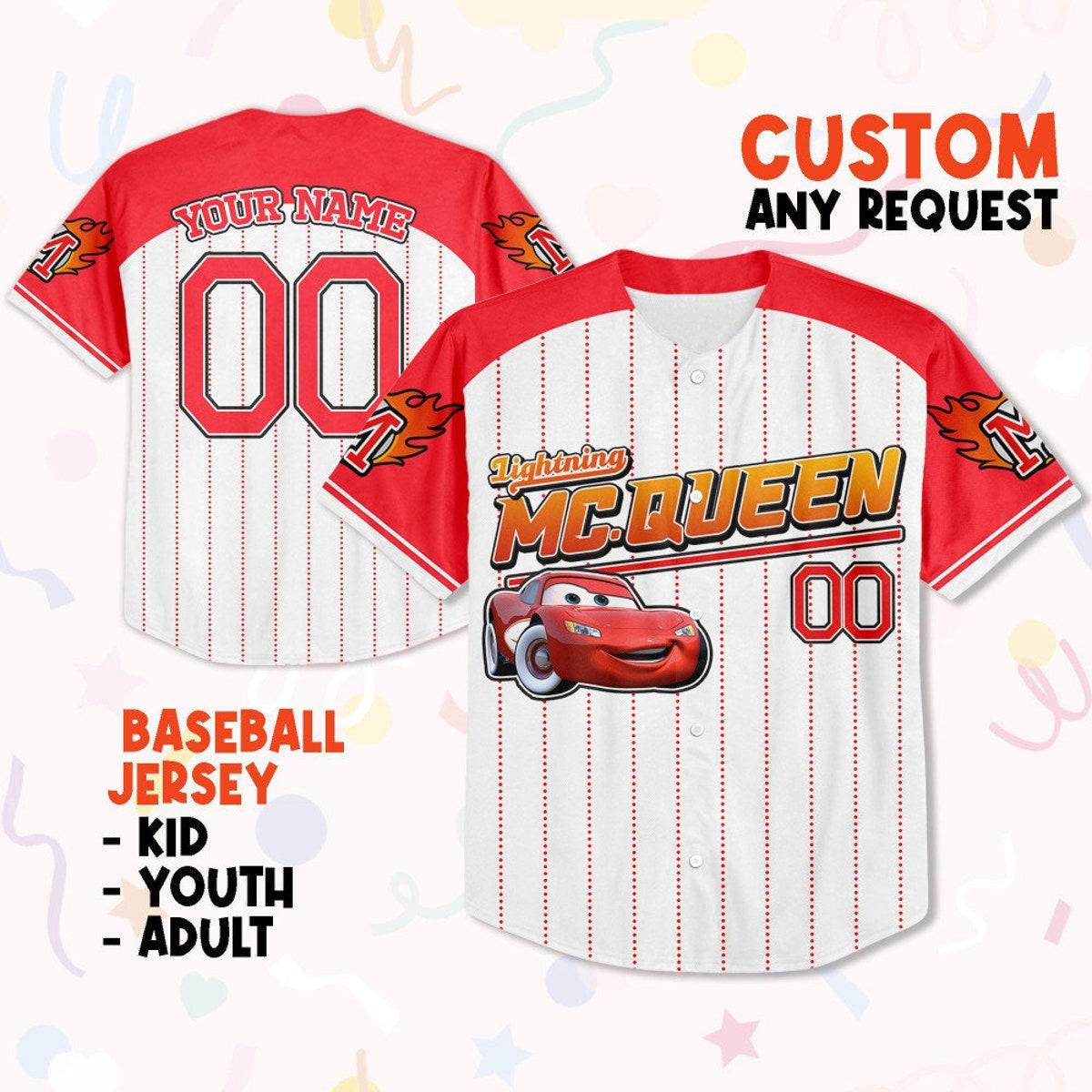 Custom Mcqueen Red Cool Disney Cars Lightning Mcqueen Baseball Jersey 1