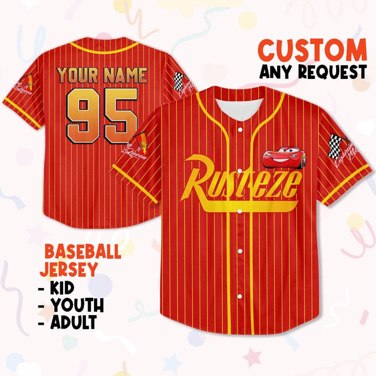 Personalize Cars Lightning Mcqueen Rust ez Team Custom Text Baseball Jersey 1