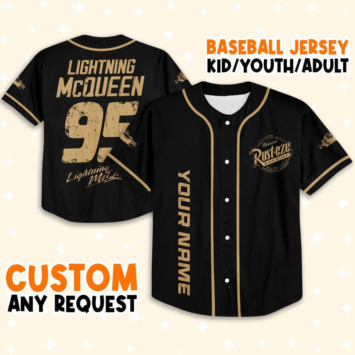 Personalize Cars Lightning Mcqueen Rust eze Symbol Black Baseball Jersey 1