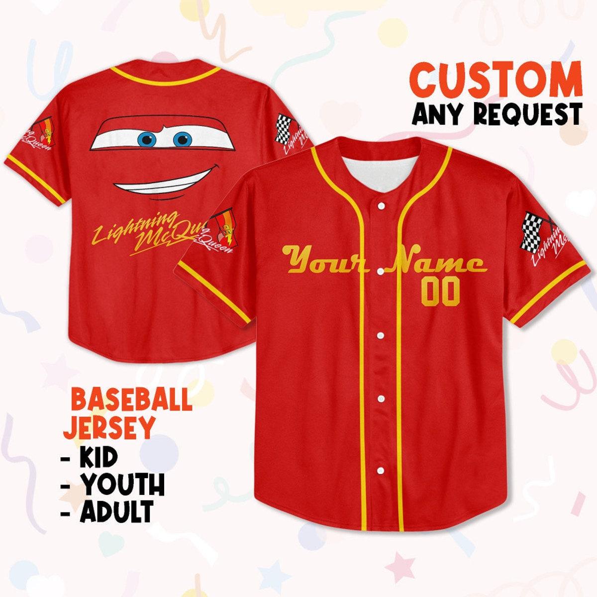 Personalize Cars Lightning Mcqueen Smile Custom Text Baseball Jersey 1