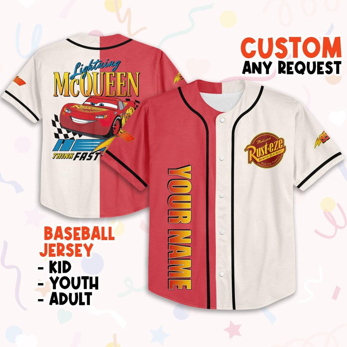 Personalize Cars Lightning Mcqueen Think Fast 95 Custom Text Baseball Jersey 1