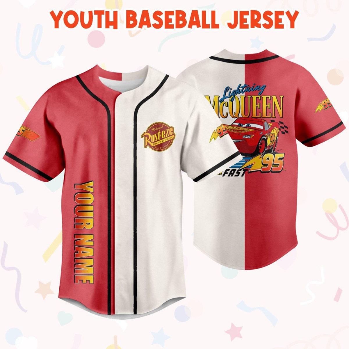 Personalize Cars Lightning Mcqueen Think Fast 95 Custom Text Baseball Jersey 5