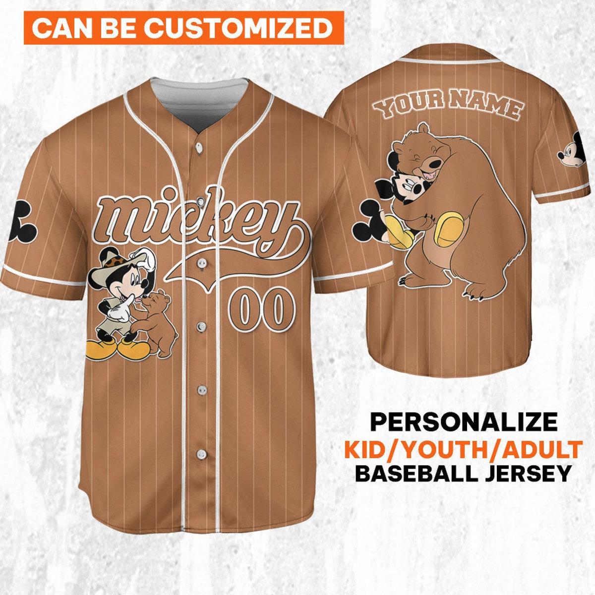 Personalize Disney Mickey Mouse Play With Bear Brown Dark Baseball Jersey 1