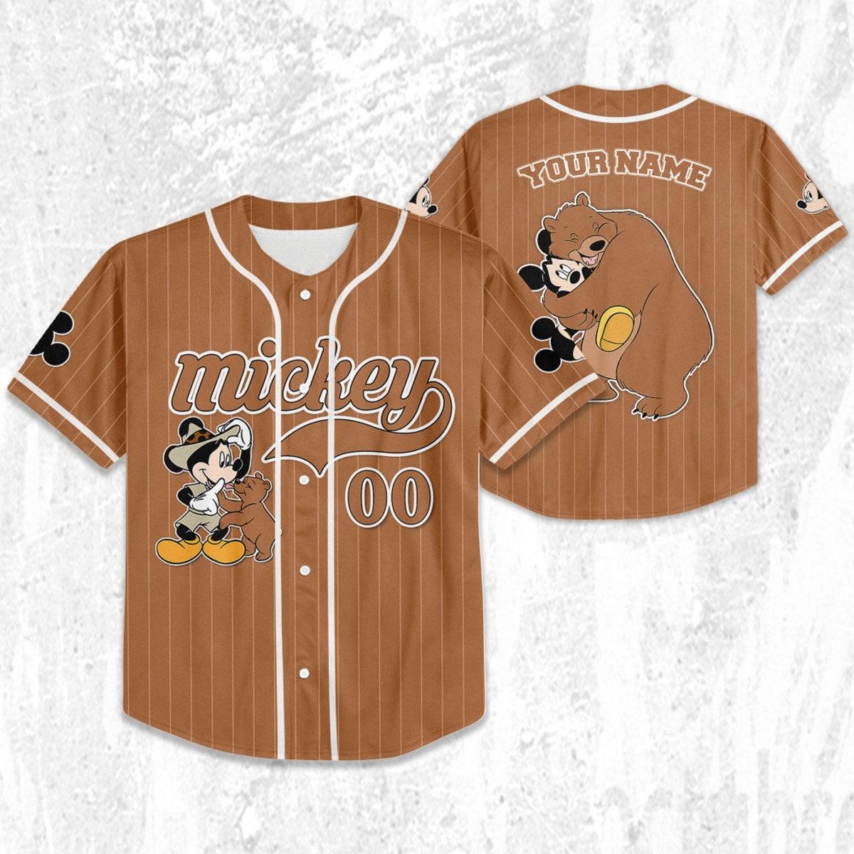 Personalize Disney Mickey Mouse Play With Bear Brown Dark Baseball Jersey 2