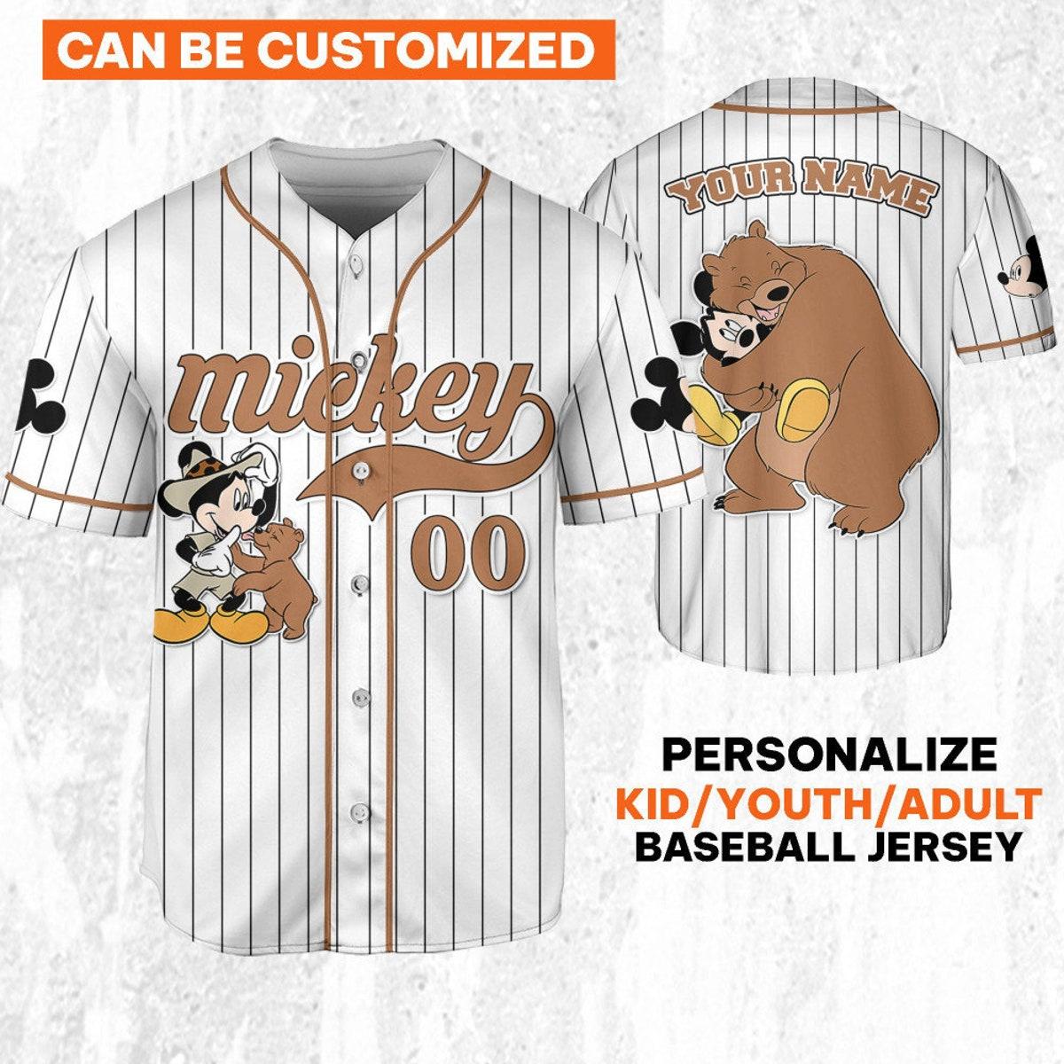 Personalize Disney Mickey Mouse Play With Bear White Brown Baseball Jersey 1