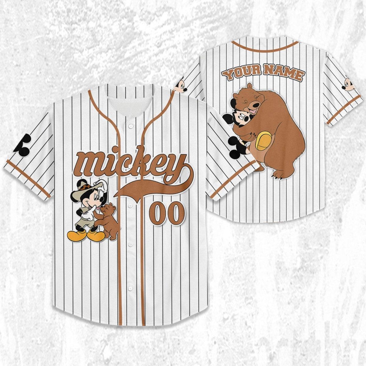 Personalize Disney Mickey Mouse Play With Bear White Brown Baseball Jersey 2