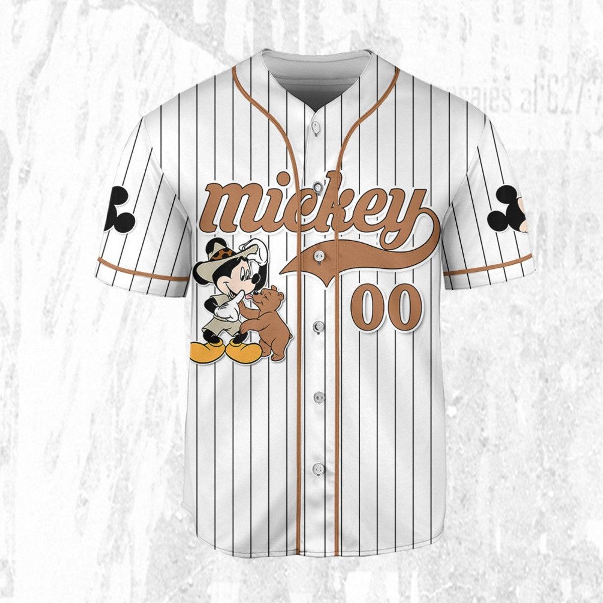 Personalize Disney Mickey Mouse Play With Bear White Brown Baseball Jersey 3