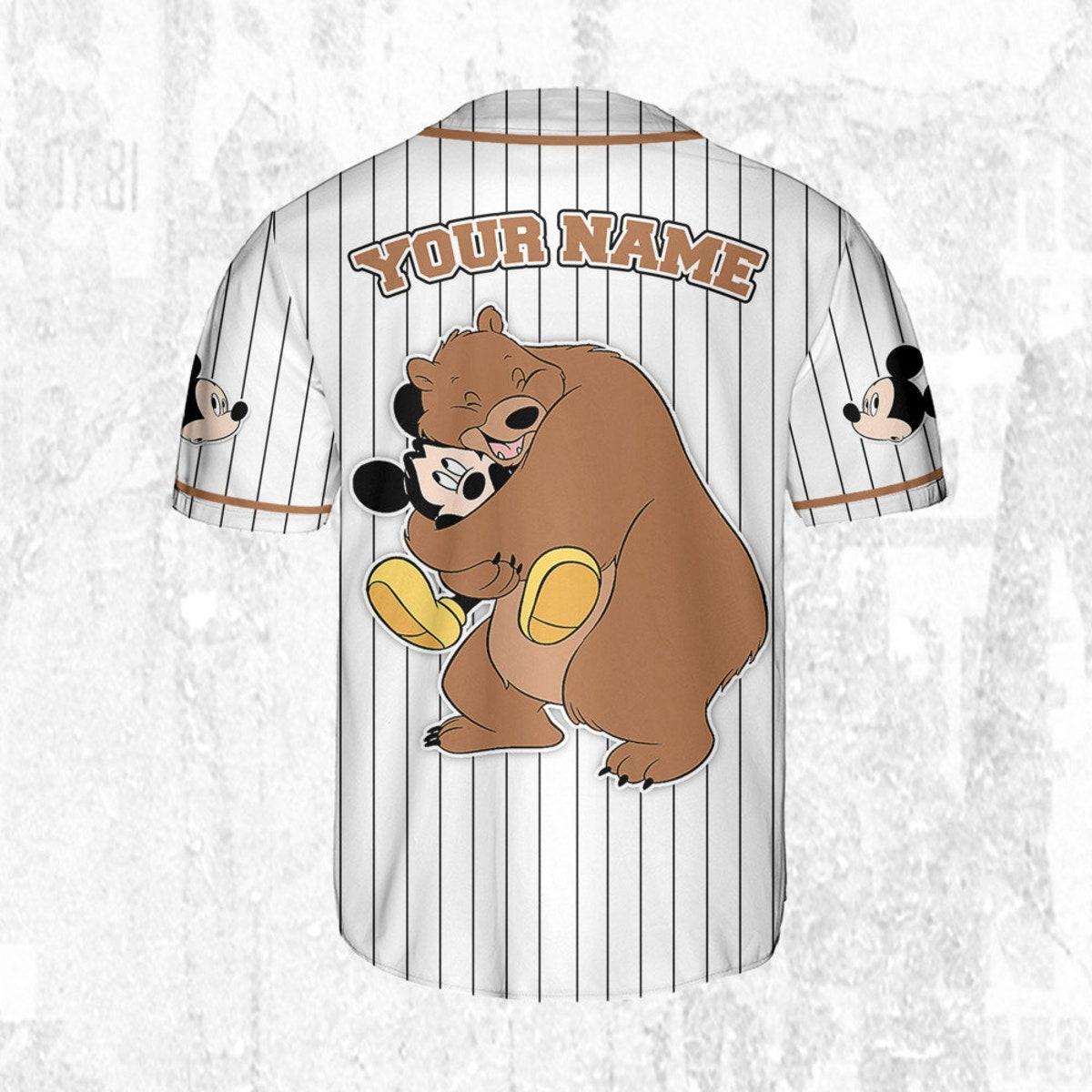 Personalize Disney Mickey Mouse Play With Bear White Brown Baseball Jersey 4