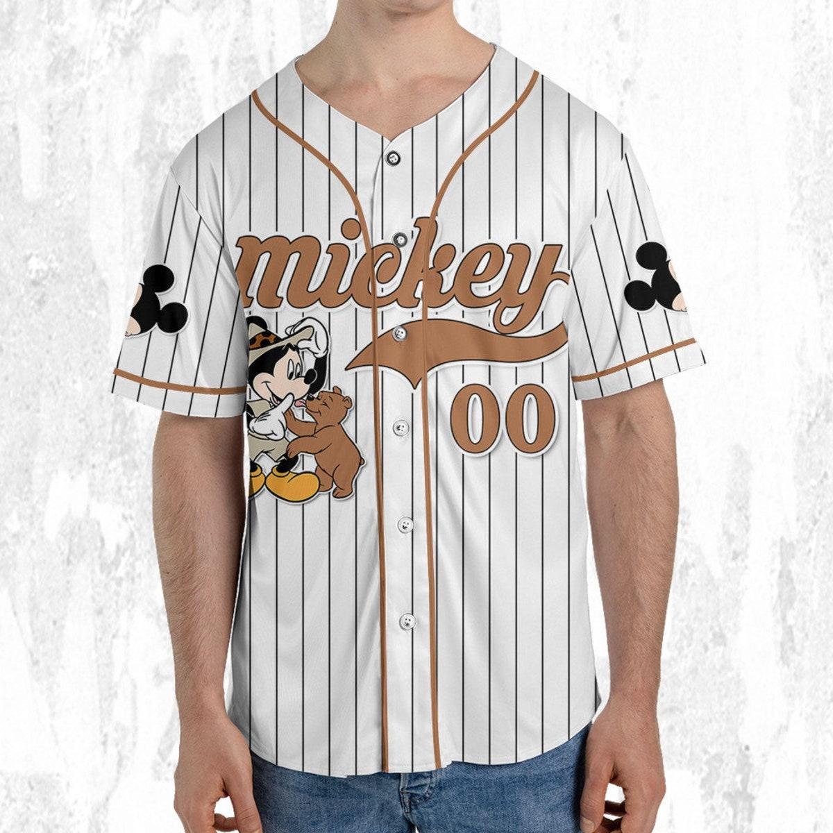 Personalize Disney Mickey Mouse Play With Bear White Brown Baseball Jersey 5