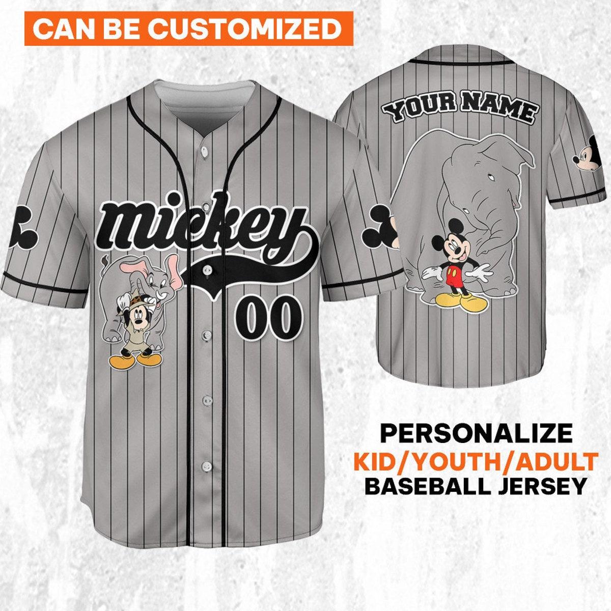 Personalize Disney Mickey Mouse Play With Elephant Gray Black Baseball Jersey 1