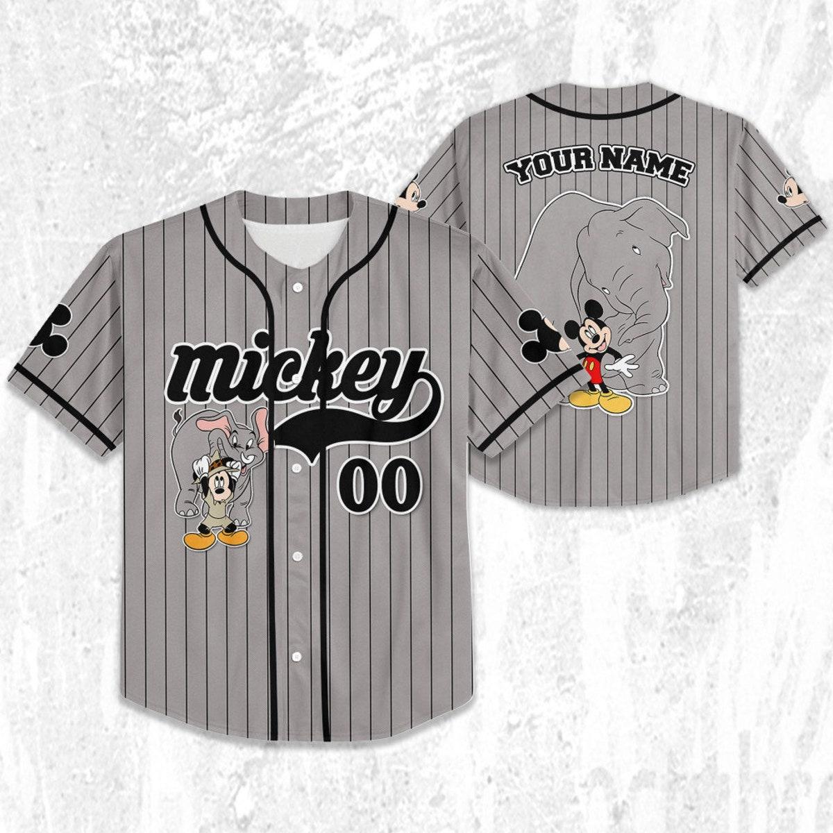 Personalize Disney Mickey Mouse Play With Elephant Gray Black Baseball Jersey 2