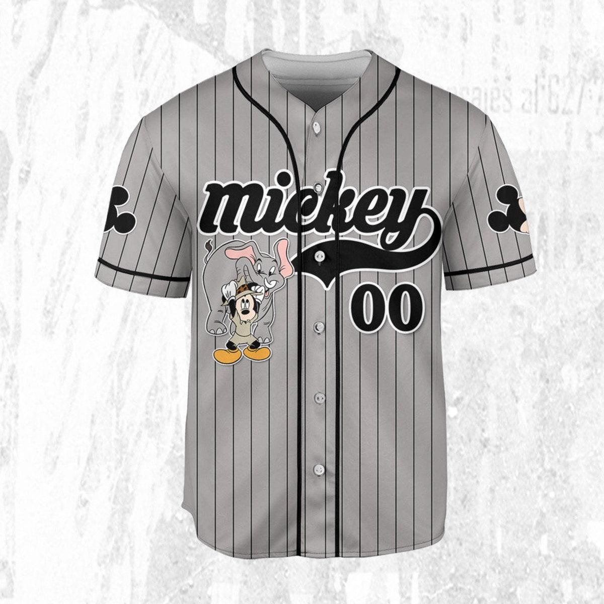 Personalize Disney Mickey Mouse Play With Elephant Gray Black Baseball Jersey 3