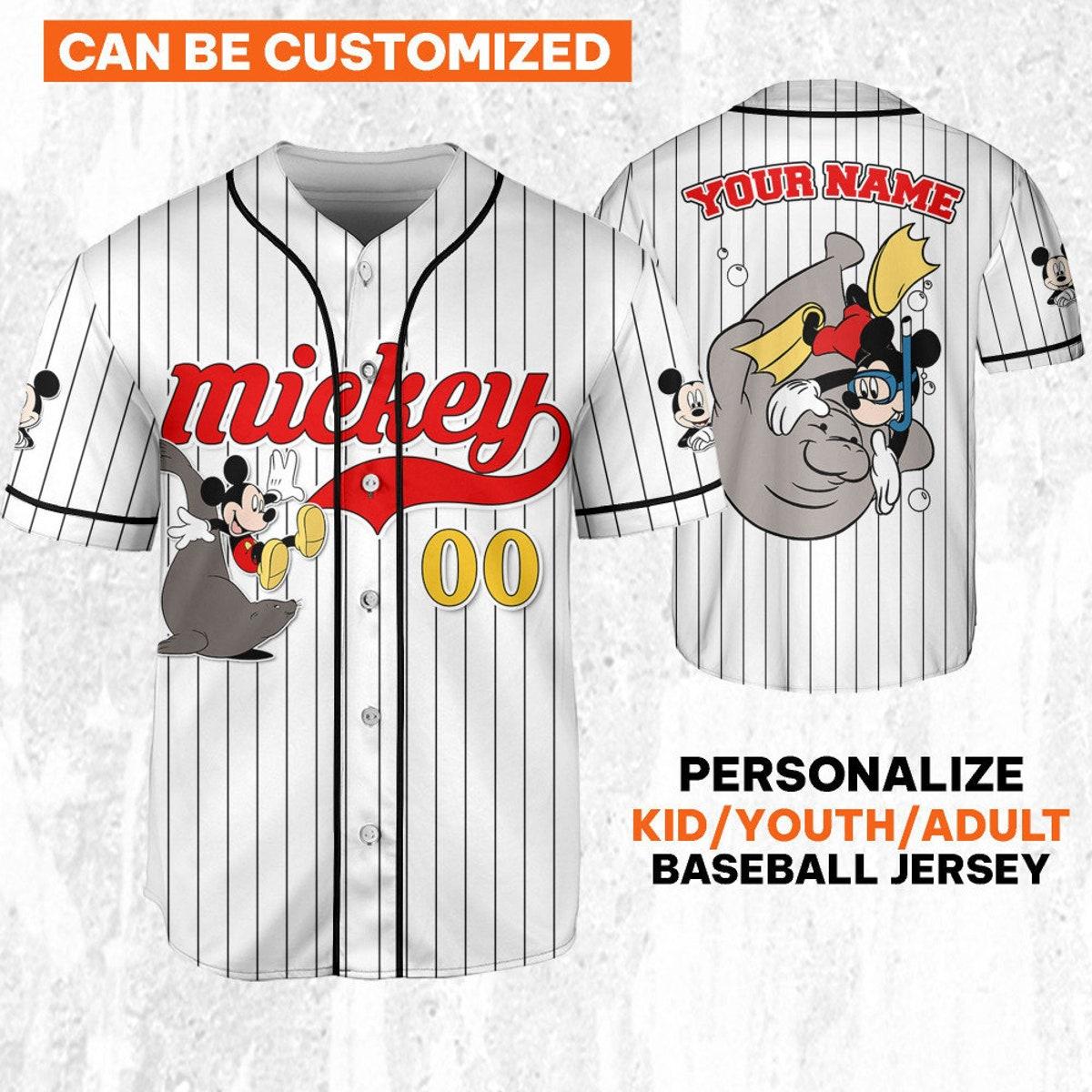 Personalize Disney Mickey Mouse Play With Seal White Black Baseball Jersey 1