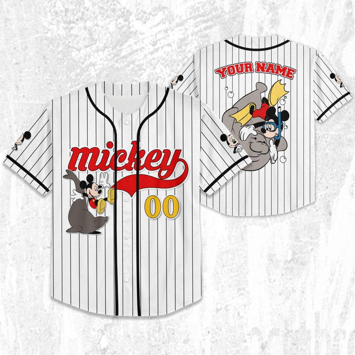 Personalize Disney Mickey Mouse Play With Seal White Black Baseball Jersey 2