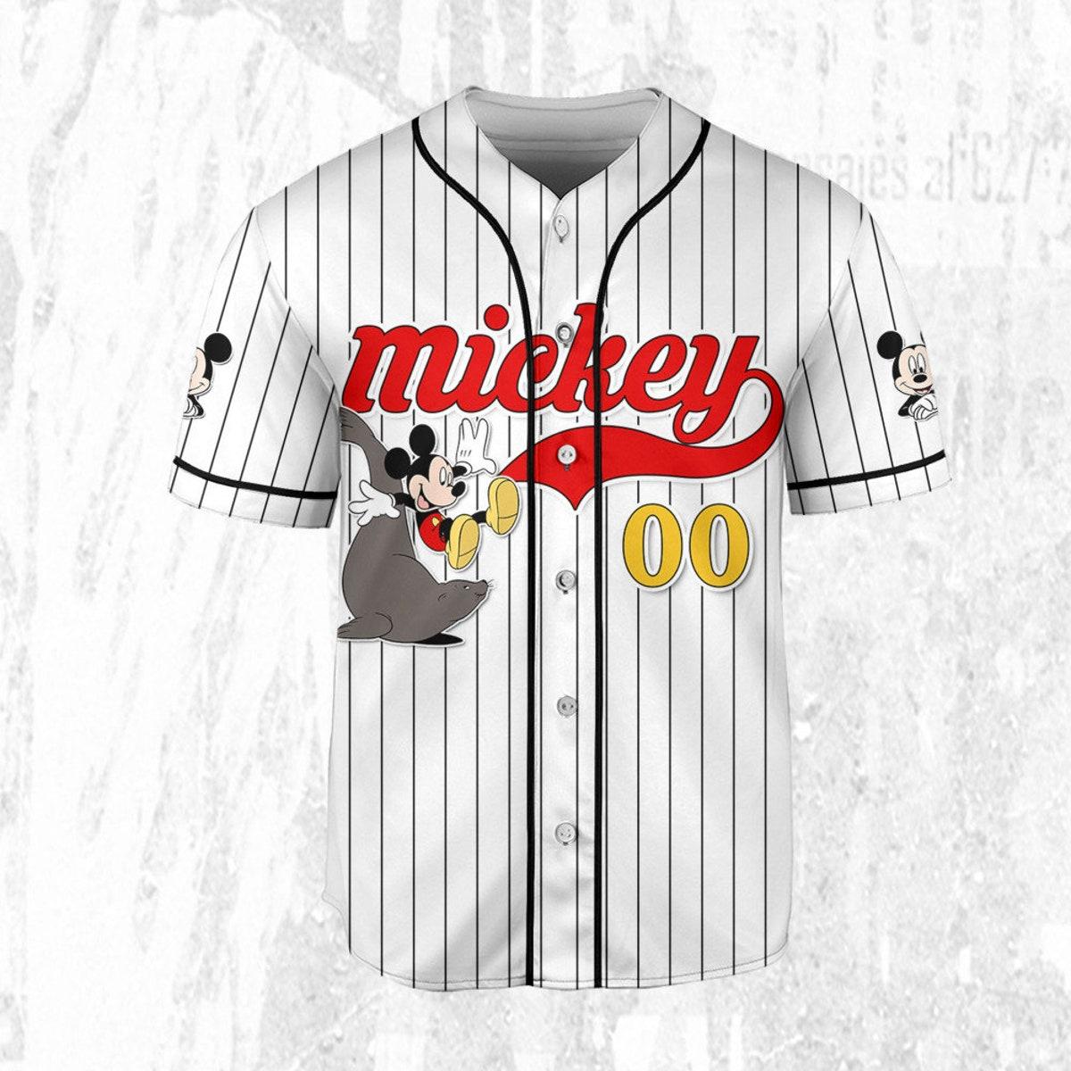 Personalize Disney Mickey Mouse Play With Seal White Black Baseball Jersey 3