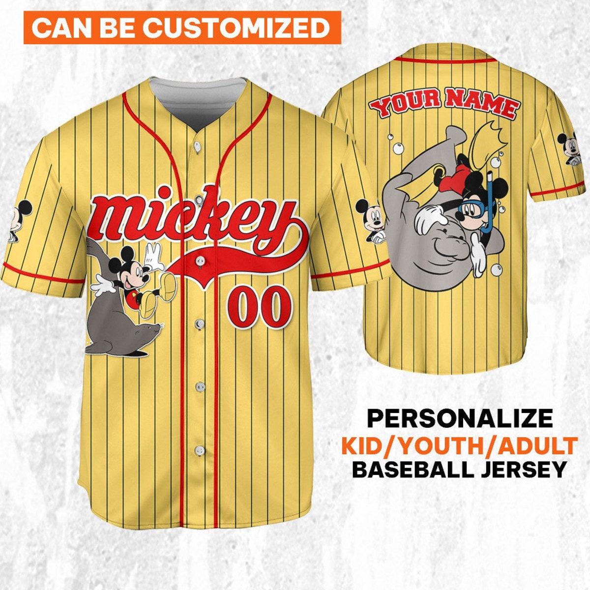 Personalize Disney Mickey Mouse Play With Seal Yellow Red Baseball Jersey 1