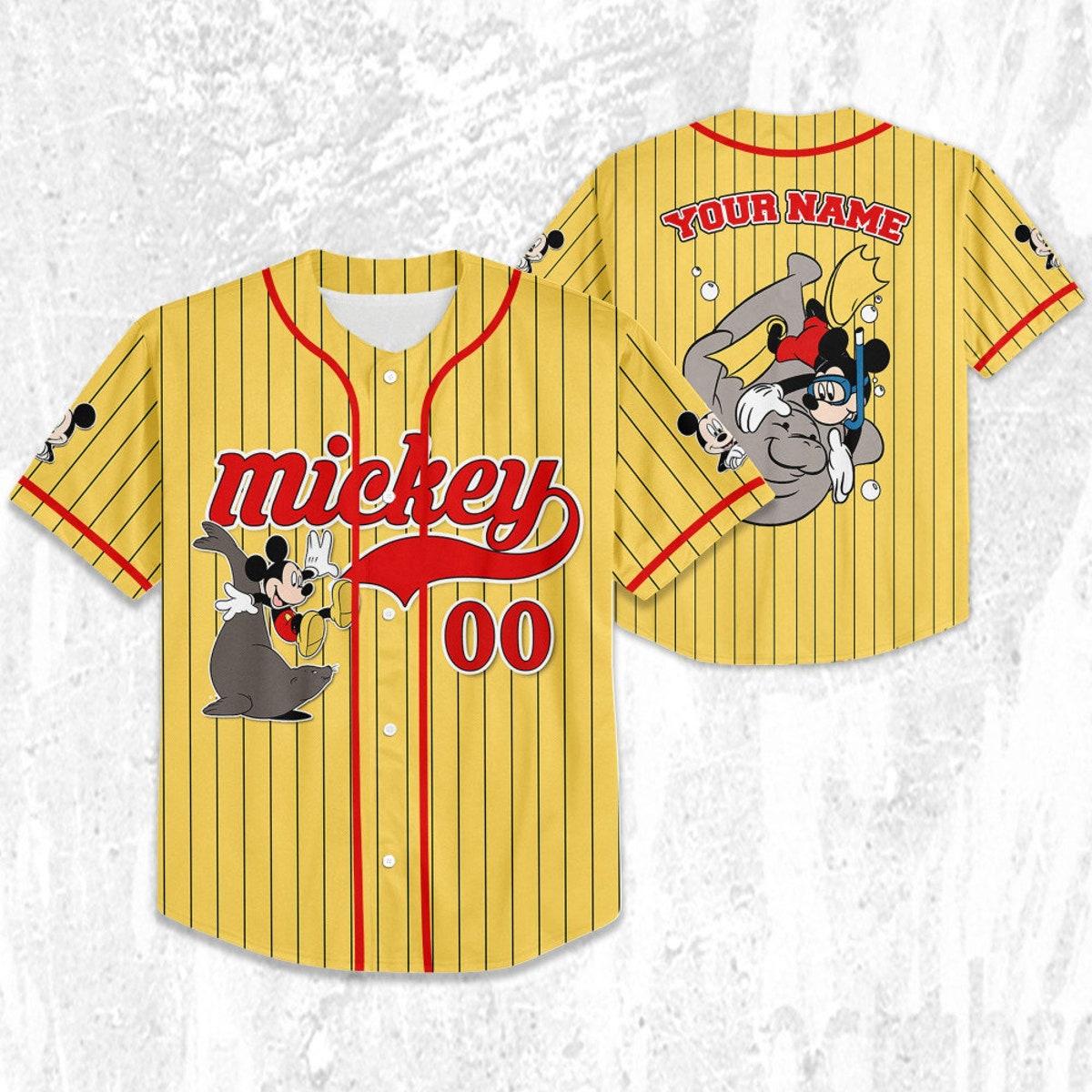 Personalize Disney Mickey Mouse Play With Seal Yellow Red Baseball Jersey 2