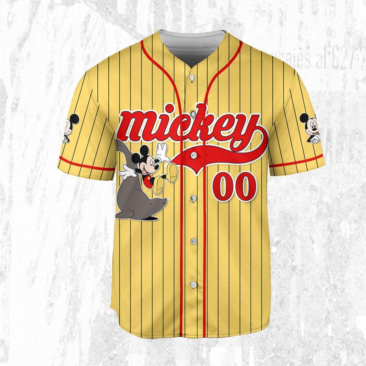 Personalize Disney Mickey Mouse Play With Seal Yellow Red Baseball Jersey 3