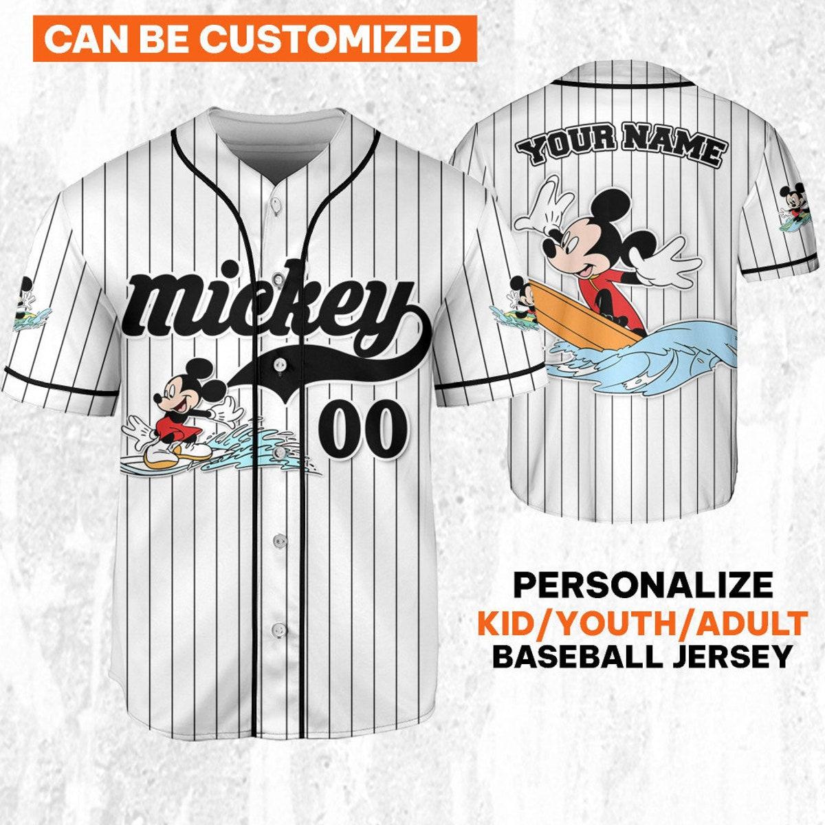 Personalize Disney Mickey Mouse Ride The Wave White Black Baseball Jersey 1