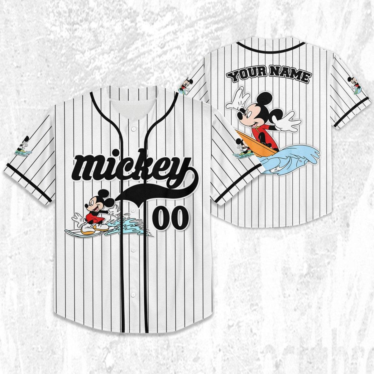 Personalize Disney Mickey Mouse Ride The Wave White Black Baseball Jersey 2