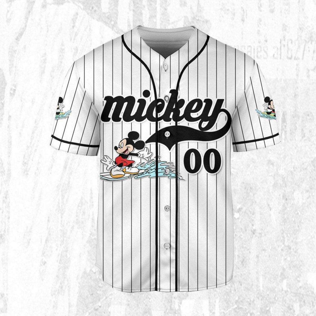 Personalize Disney Mickey Mouse Ride The Wave White Black Baseball Jersey 3