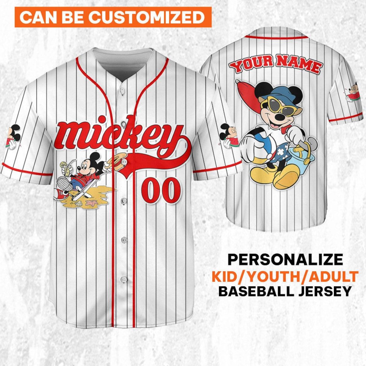 Personalize Disney Mickey Mouse Summer Time White Red Baseball Jersey 1