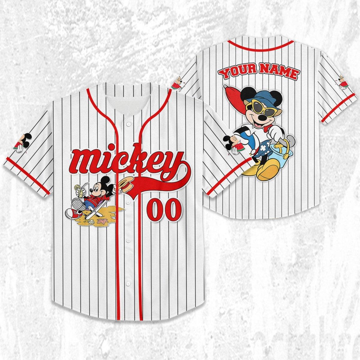 Personalize Disney Mickey Mouse Summer Time White Red Baseball Jersey 2