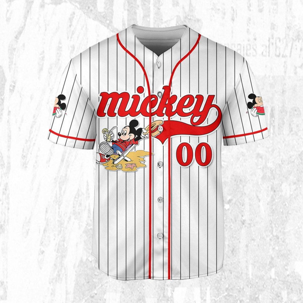 Personalize Disney Mickey Mouse Summer Time White Red Baseball Jersey 3