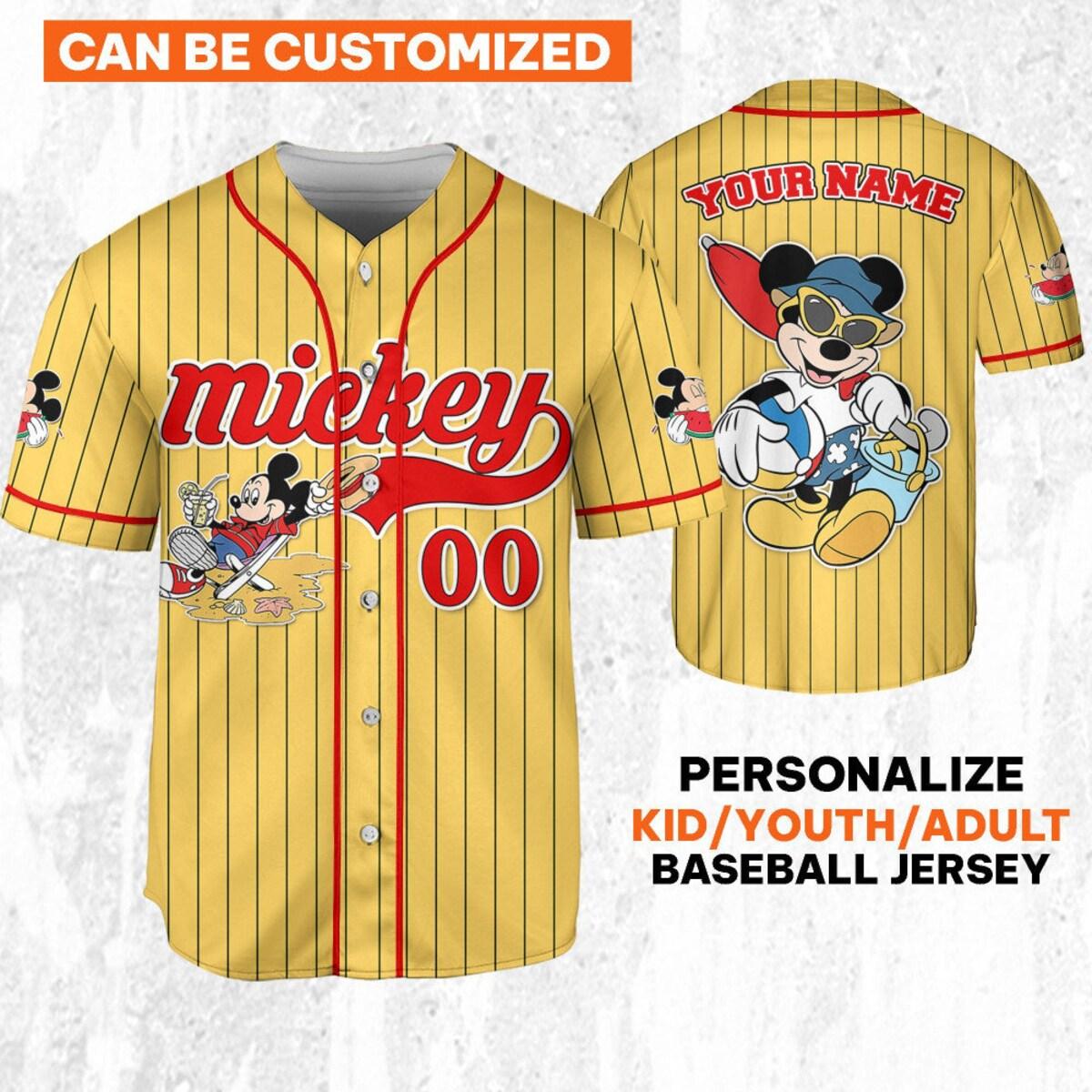 Personalize Disney Mickey Mouse Summer Time Yellow Red Baseball Jersey 1