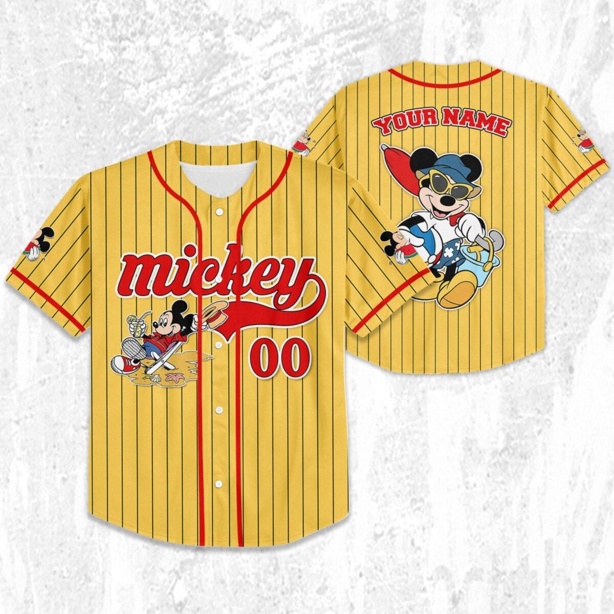 Personalize Disney Mickey Mouse Summer Time Yellow Red Baseball Jersey 2