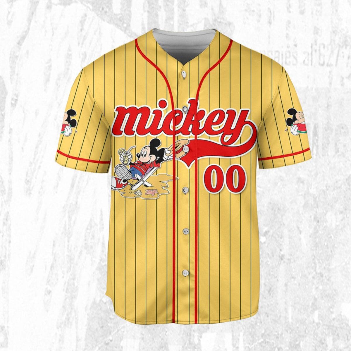 Personalize Disney Mickey Mouse Summer Time Yellow Red Baseball Jersey 3