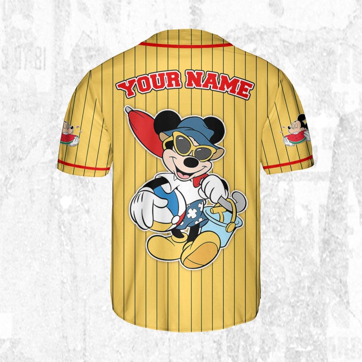 Personalize Disney Mickey Mouse Summer Time Yellow Red Baseball Jersey 4