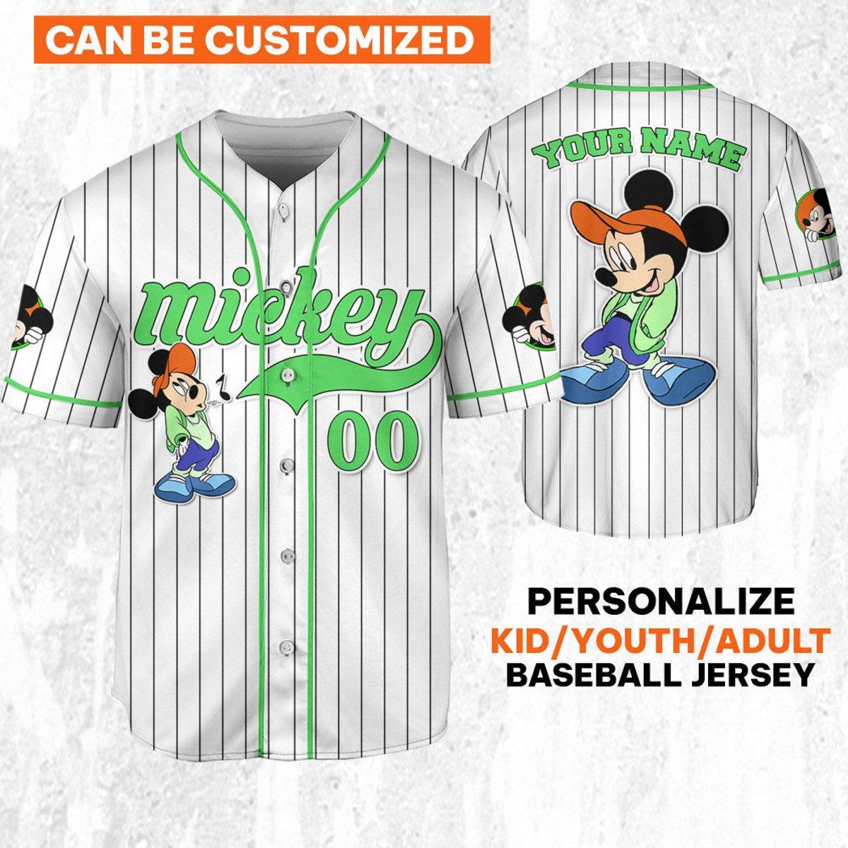 Personalize Disney Mickey Mouse Young White Green Baseball Jersey 1