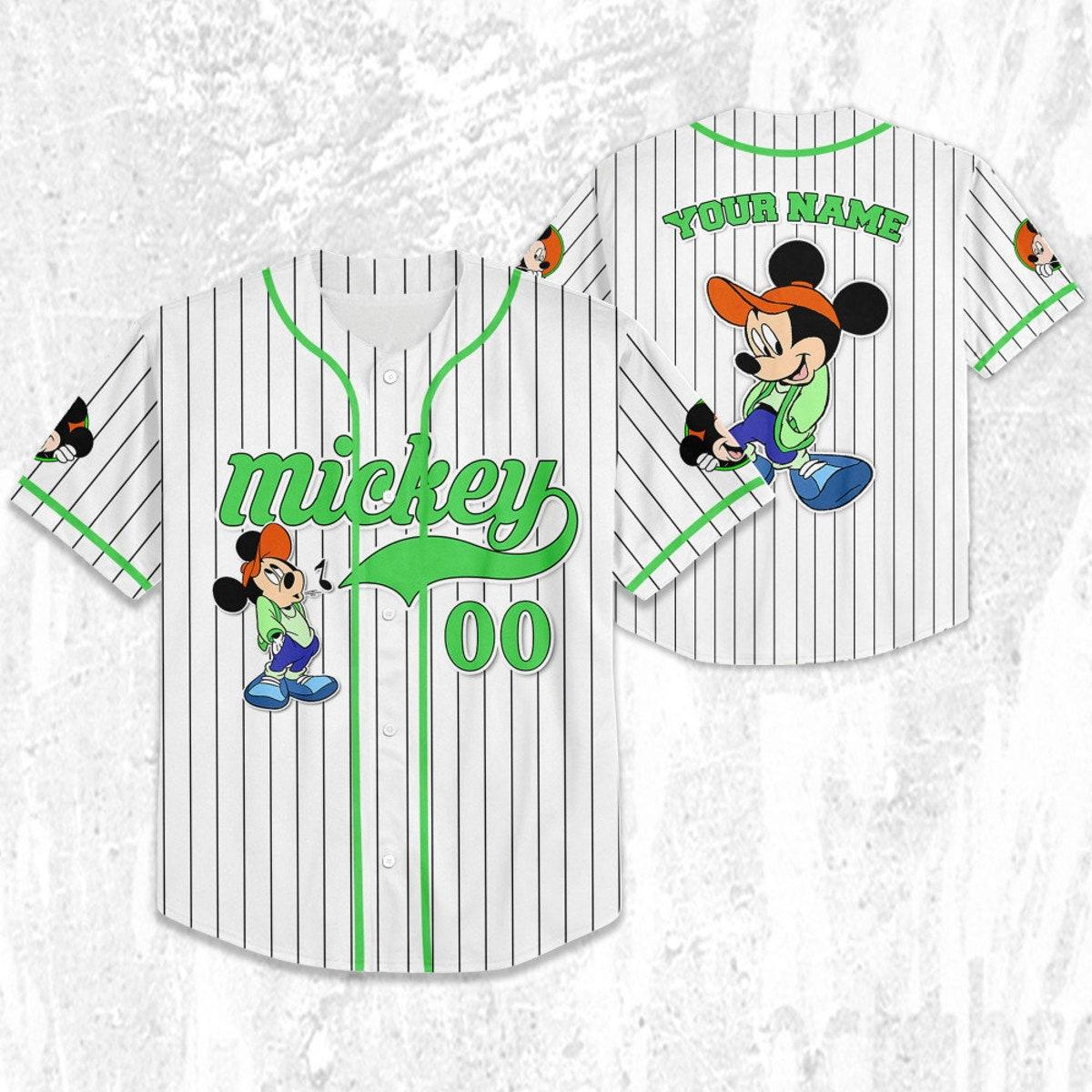 Personalize Disney Mickey Mouse Young White Green Baseball Jersey 2