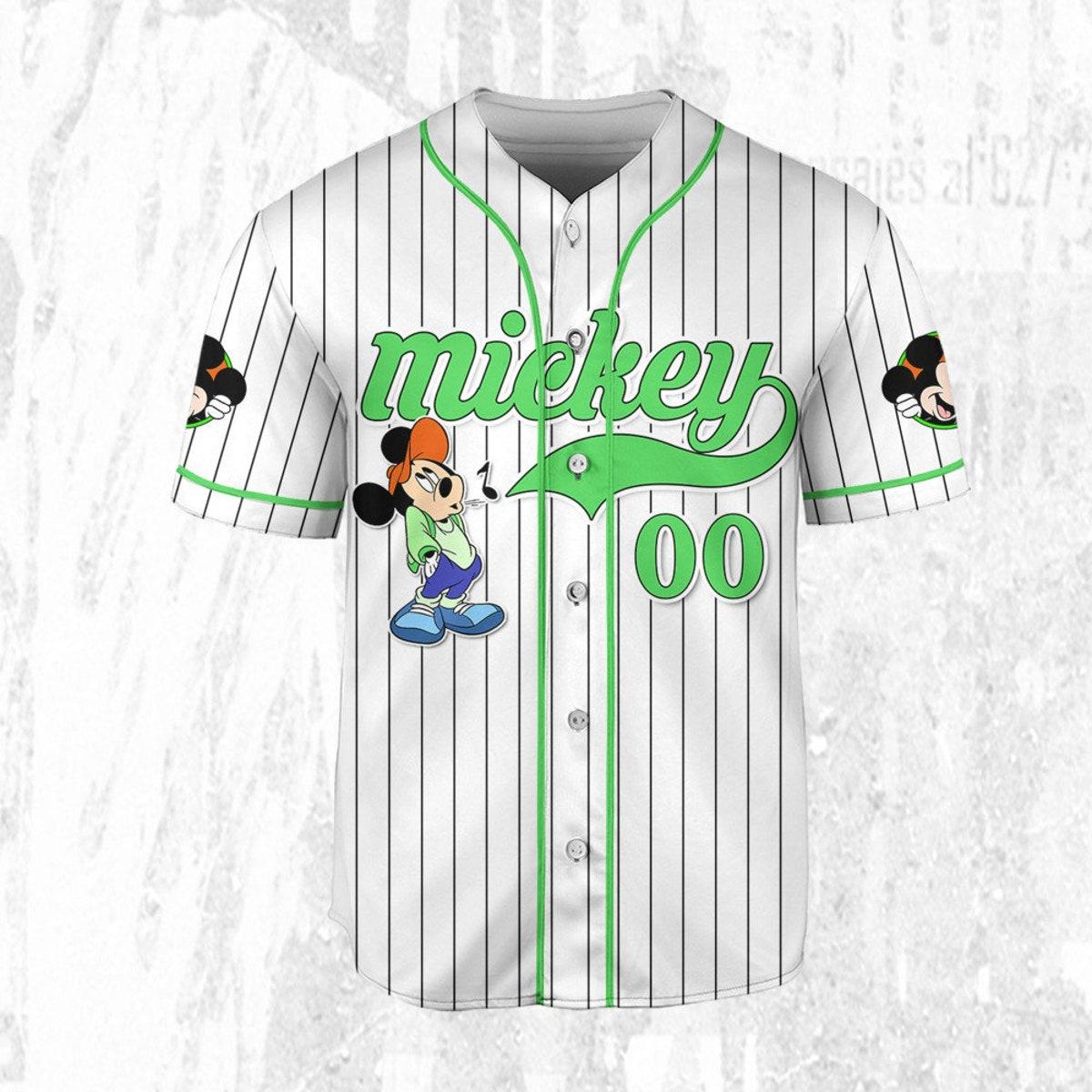 Personalize Disney Mickey Mouse Young White Green Baseball Jersey 3