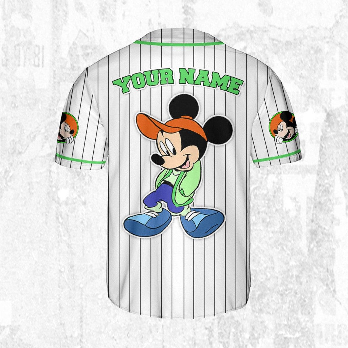 Personalize Disney Mickey Mouse Young White Green Baseball Jersey 4