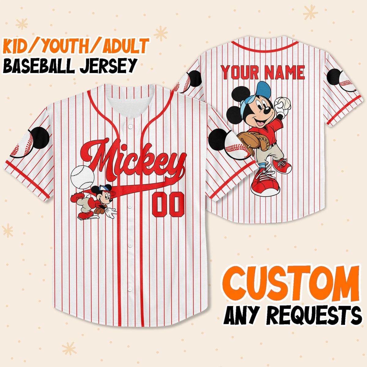 Personalize Disney Mickey Play Baseball Red Baseball Jersey 1