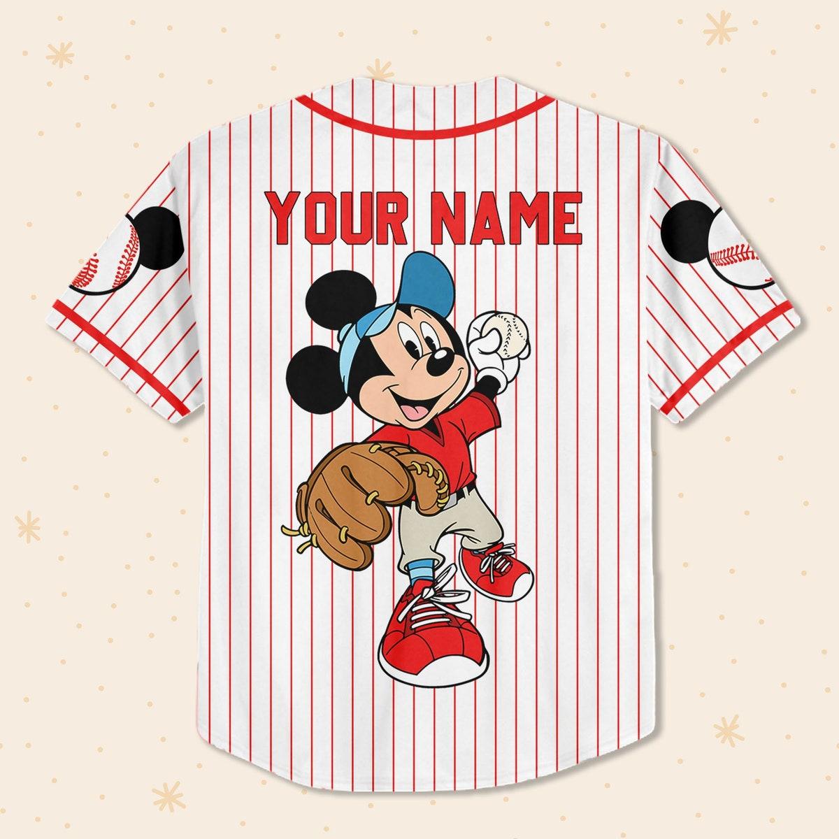 Personalize Disney Mickey Play Baseball Red Baseball Jersey 3