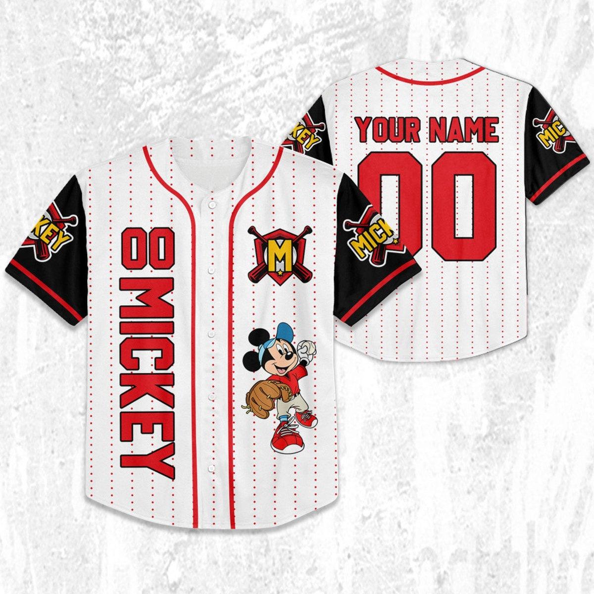 Personalize Disney Mickey Play Baseball Red White Baseball Jersey 2