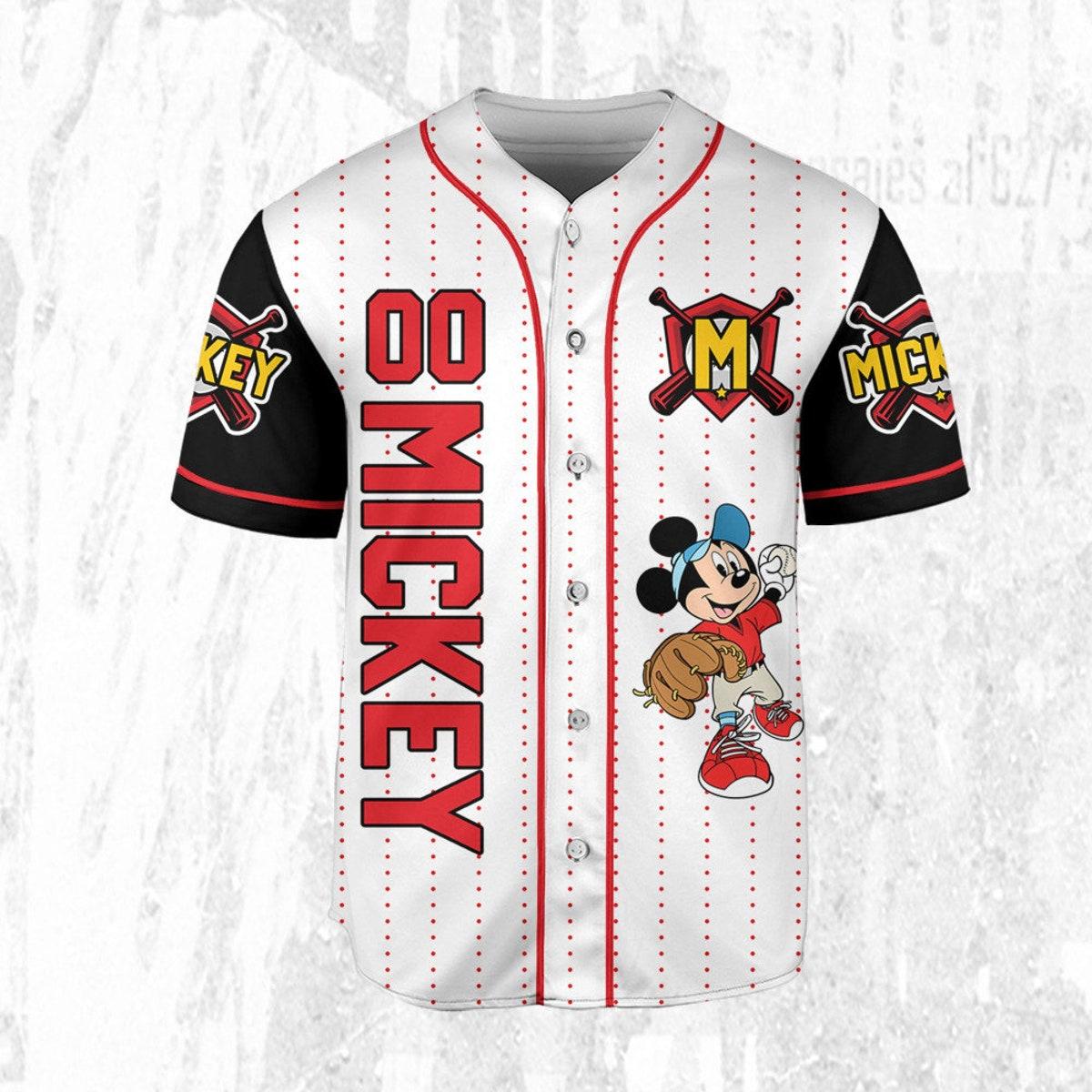 Personalize Disney Mickey Play Baseball Red White Baseball Jersey 3