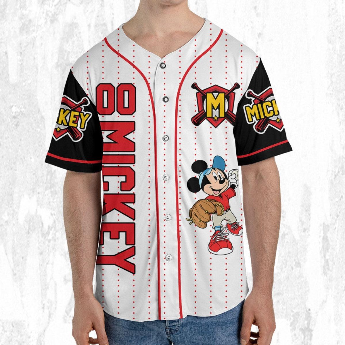 Personalize Disney Mickey Play Baseball Red White Baseball Jersey 5