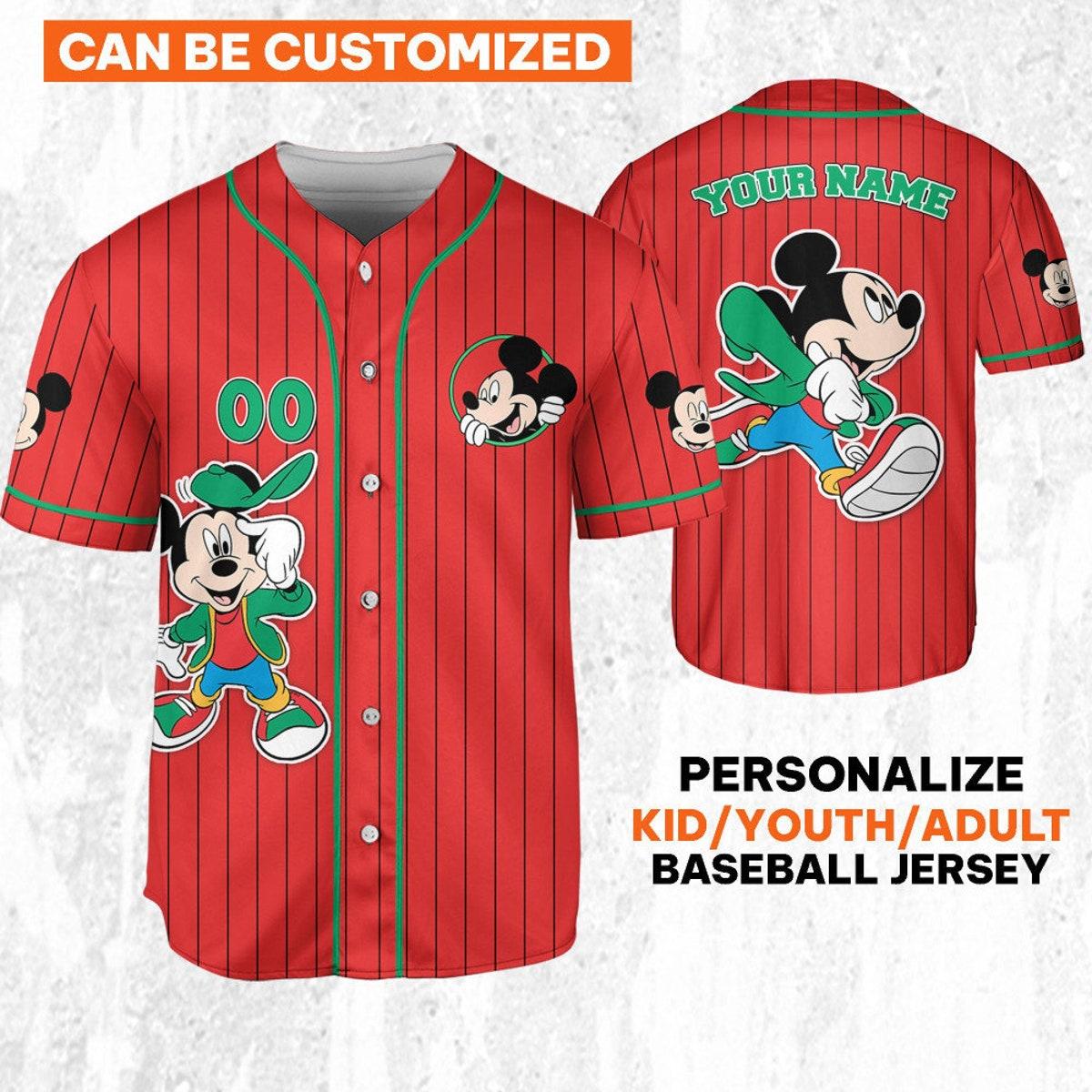 Personalize Disney Mickey Young Mouse Smile Red Green Baseball Jersey 1