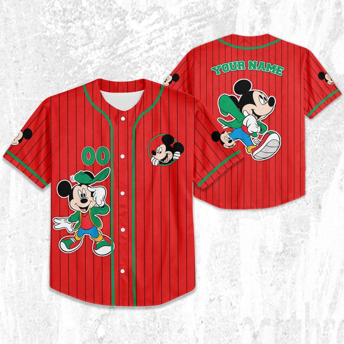 Personalize Disney Mickey Young Mouse Smile Red Green Baseball Jersey 2