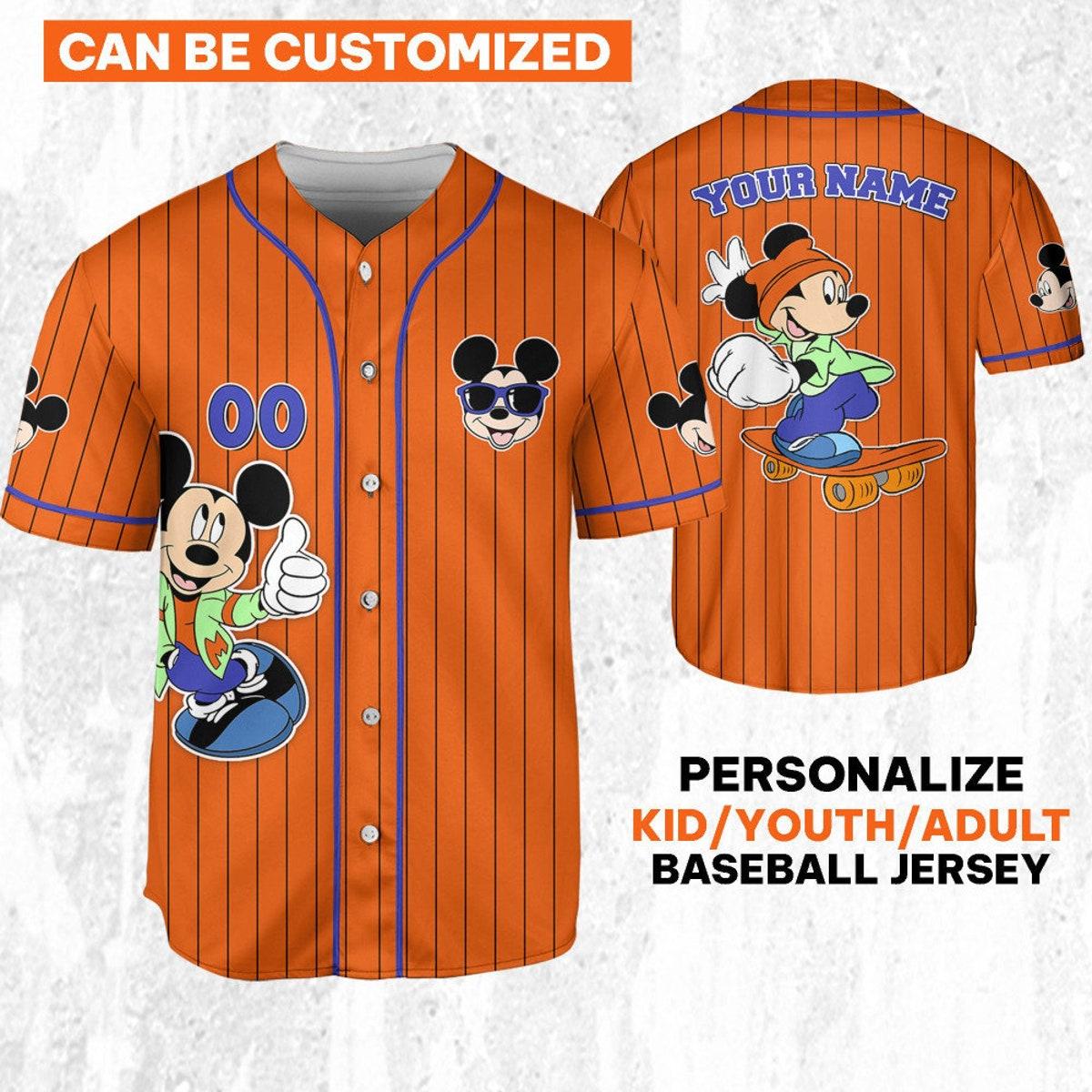 Personalize Mickey Mouse Happy Young Orange Blue Dark Baseball Jersey 1