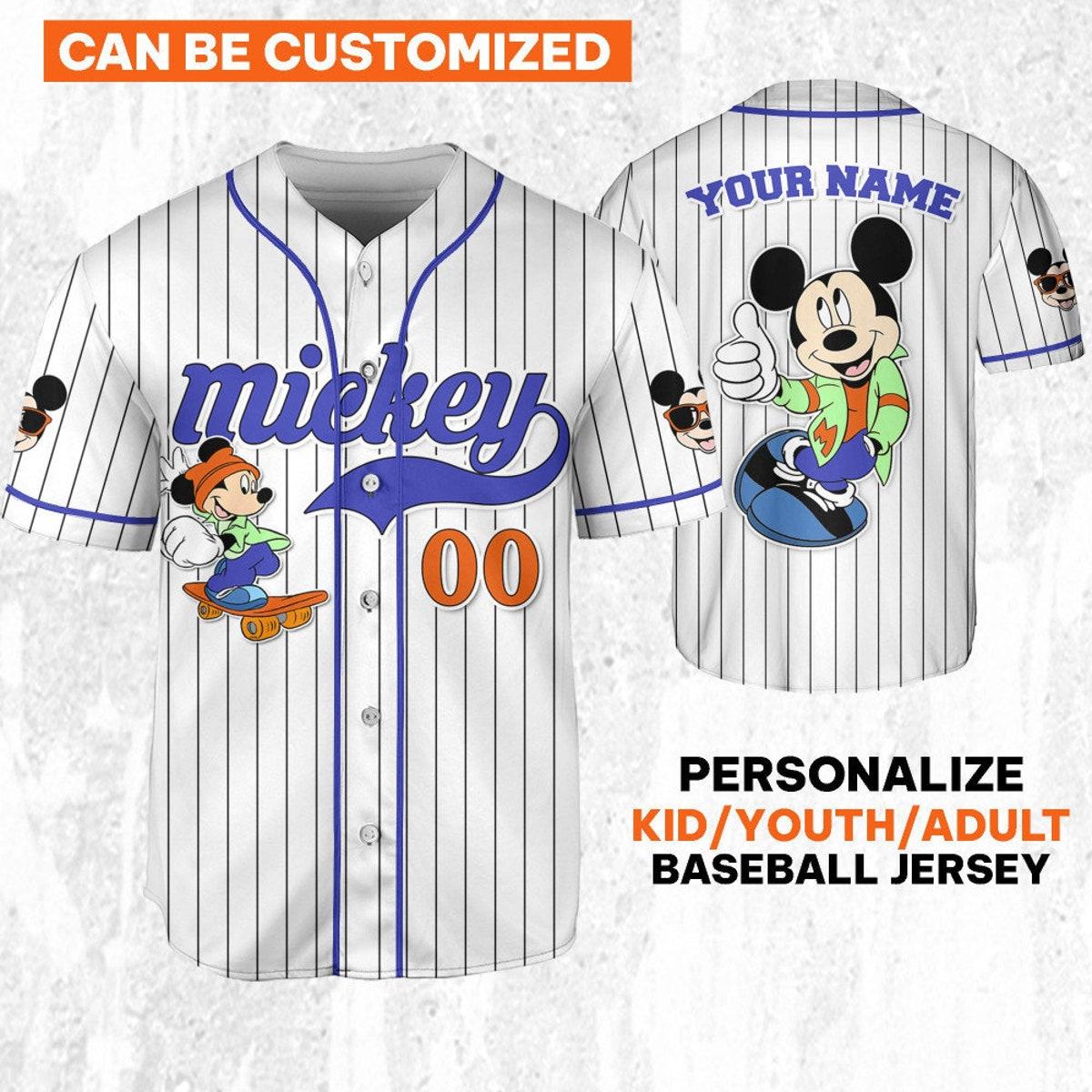 Personalize Mickey Mouse Happy Young White Blue Dark Baseball Jersey 1