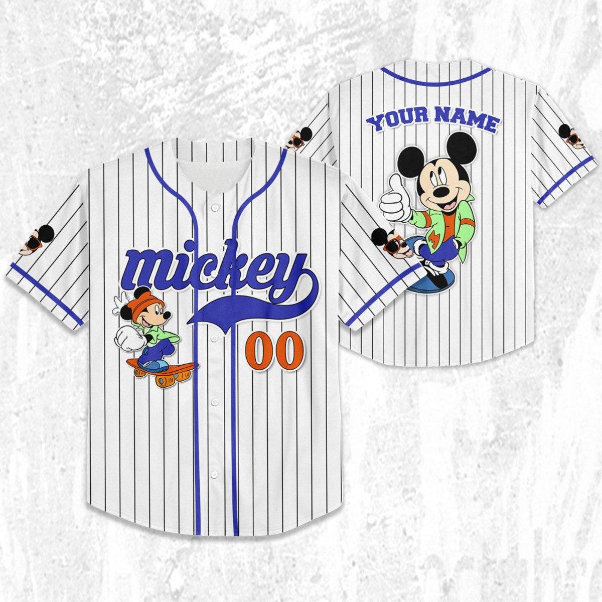 Personalize Mickey Mouse Happy Young White Blue Dark Baseball Jersey 2