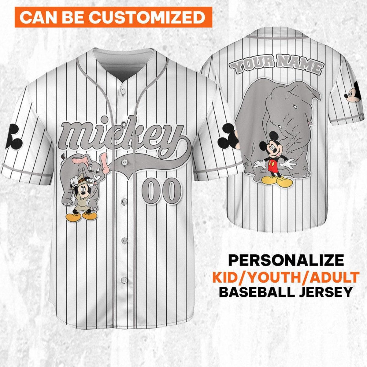 Personalize Mickey Mouse Play With Elephant White Gray Baseball Jersey 1